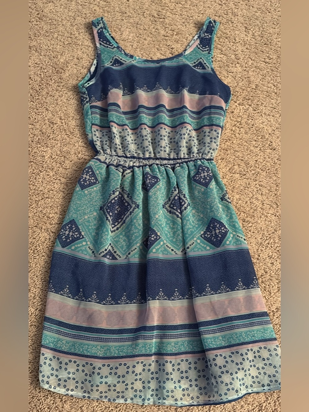 H&M Teal, Navy & Light Pink Patterned Sleeveless Casual Dress